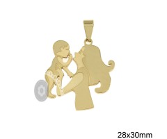 Ατσάλινο κολιέ με δερμάτινο κορδόνι μητέρα με μωρό - χρώματος χρυσό