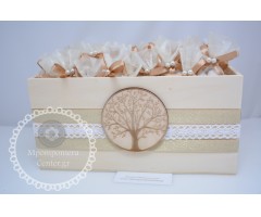 Κουτί κερασμάτων με δέντρο ζωής και ευχές, με μπεζ - χρυσές κορδέλες - ιδανικό για γάμο αρραβώνα