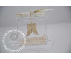 Μπομπονιέρα βάπτισης Άγγελος - φτερά Αγγέλου , πλέξι γκλάς κουτί με εσωτερικά να κρέμονται τα φτερά