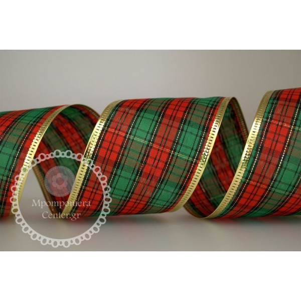Κορδέλα υφασμάτινη καρώ εορταστική , χριστογεννιάτικη με σύρμα 60mm